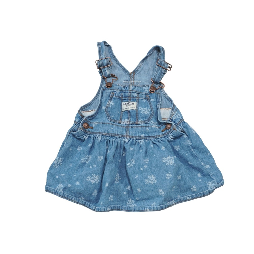 OshKosh Bgosh Baby Girls 12M Blue Floral Denim Overall Jumper Dress 100% Cotton